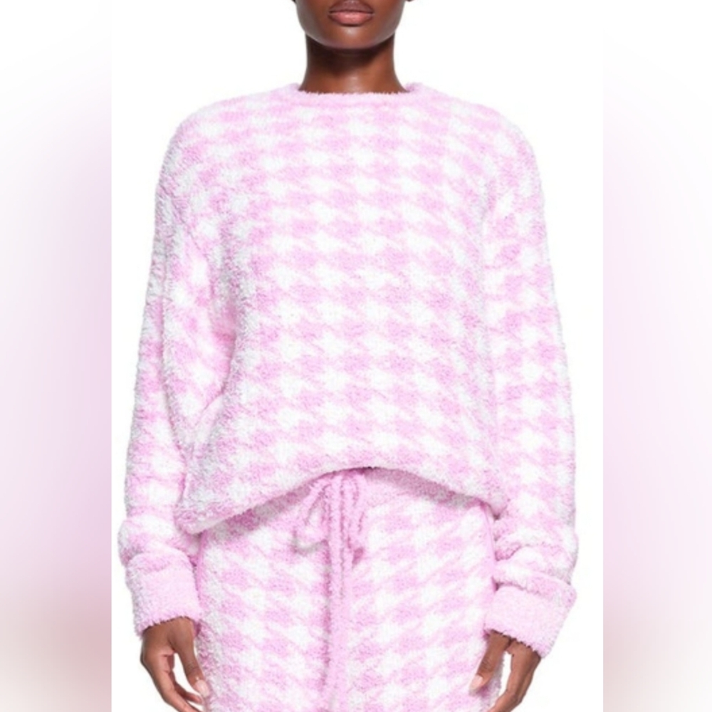 SKIMS Cozy Knit Houndstooth Pullover sweater, S/M in Petal Pink, NWT